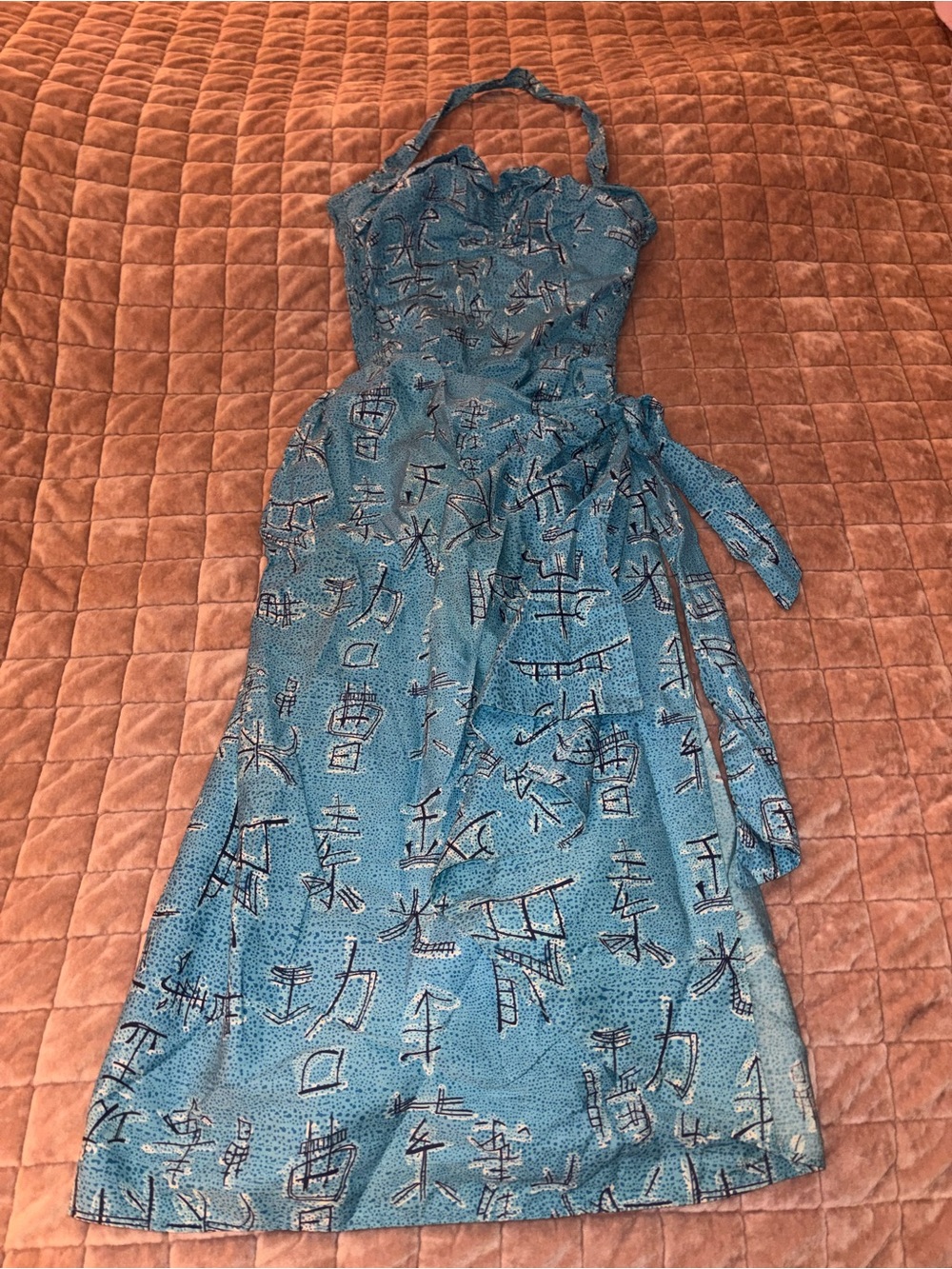 Women’s Vintage 1950’s Hawaiian Teal Blue Halter Dress with Asian-Inspired Print